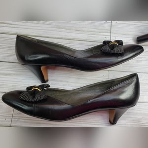 Bally Black Leather Mid Heel Pumps with Bow and Gold Accent